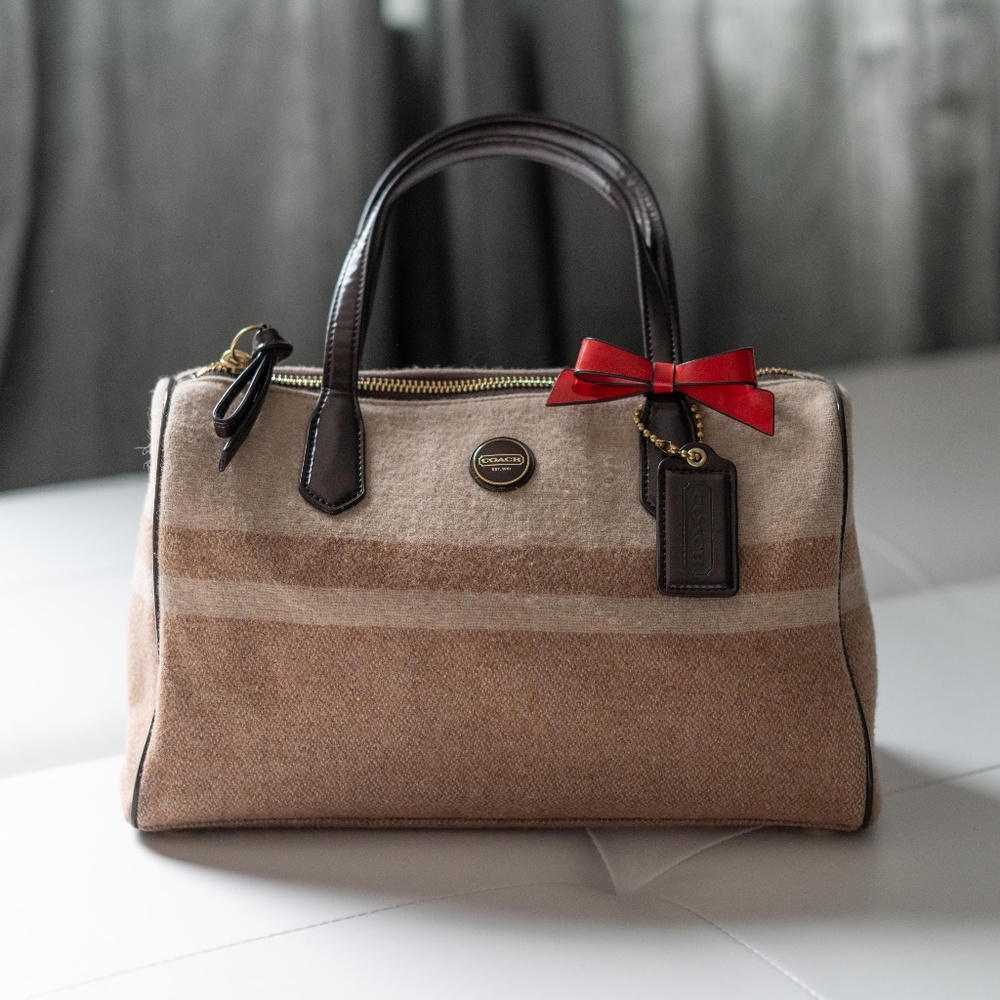 Coach Satchel Tan Wool Brown Leather Red Bow